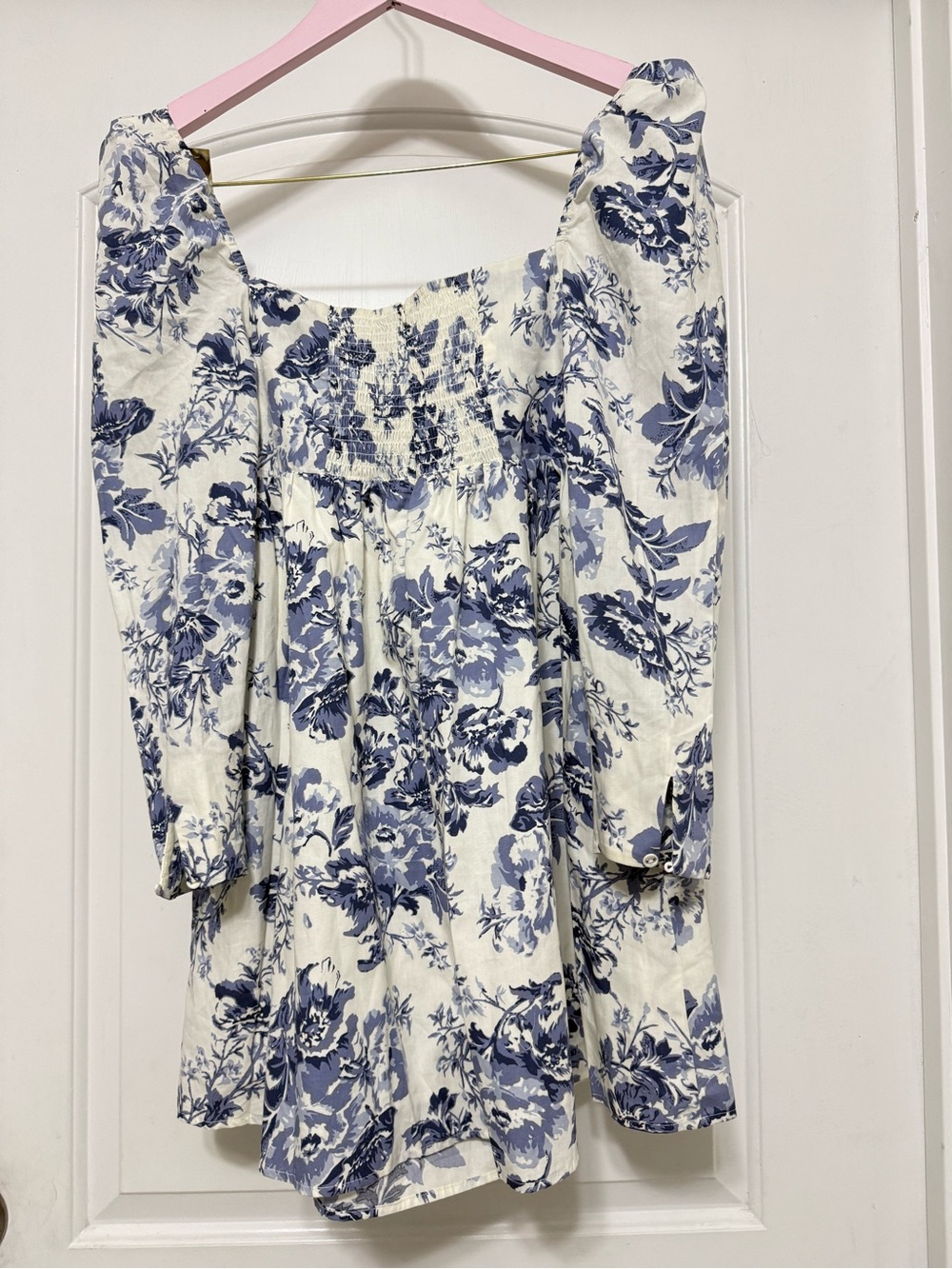 White and Blue Floral Mini Dress with Square Neck - Picture 2 of 6